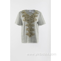 Applique stripe knit short sleeve Tshirt